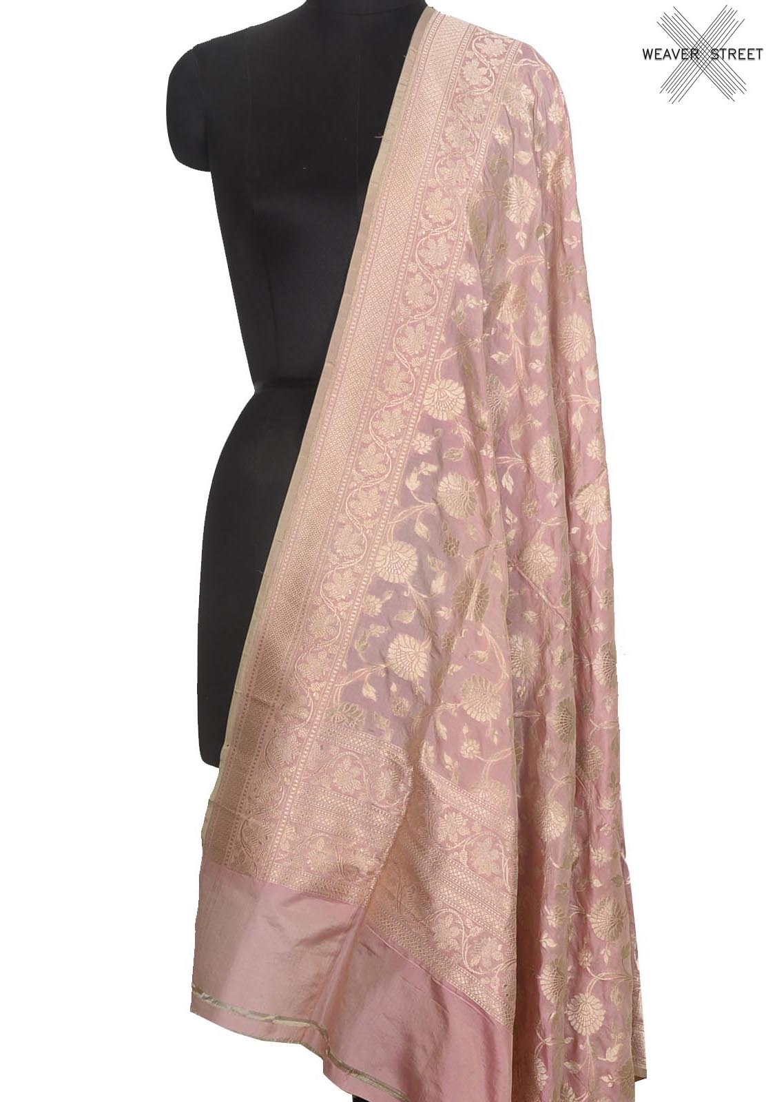 Baby pink katan silk Handwoven Banarasi dupatta with floral jaal (1) Main