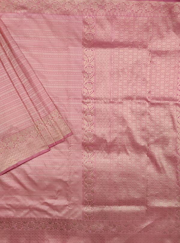 Baby pink katan silk tanchoi Banarasi saree with thin strip pattern (1) Main