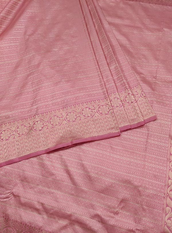 Baby pink katan silk tanchoi Banarasi saree with thin strip pattern (3) Center