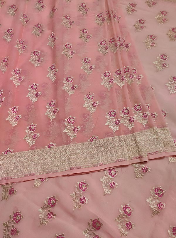 Baby pink khaddi georgette Banarasi saree with meenedar rose flower boota (3) center
