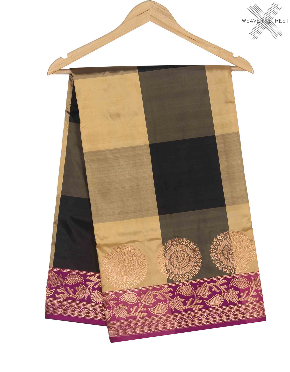 Beige Black Multi color katan silk handwoven Banarasi saree with checks (1) Main