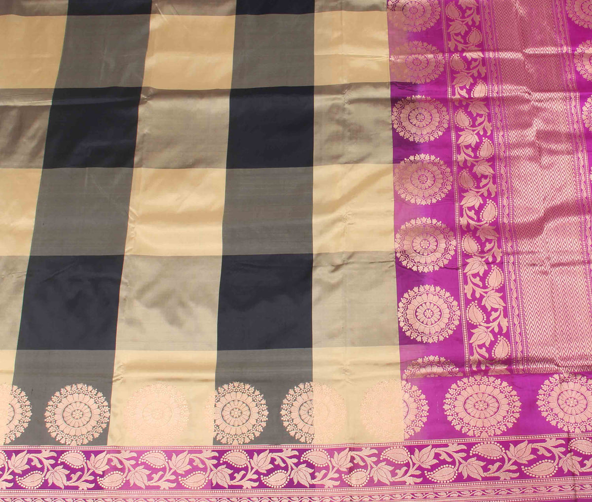 Beige Black Multi color katan silk handwoven Banarasi saree with checks (2) Flat