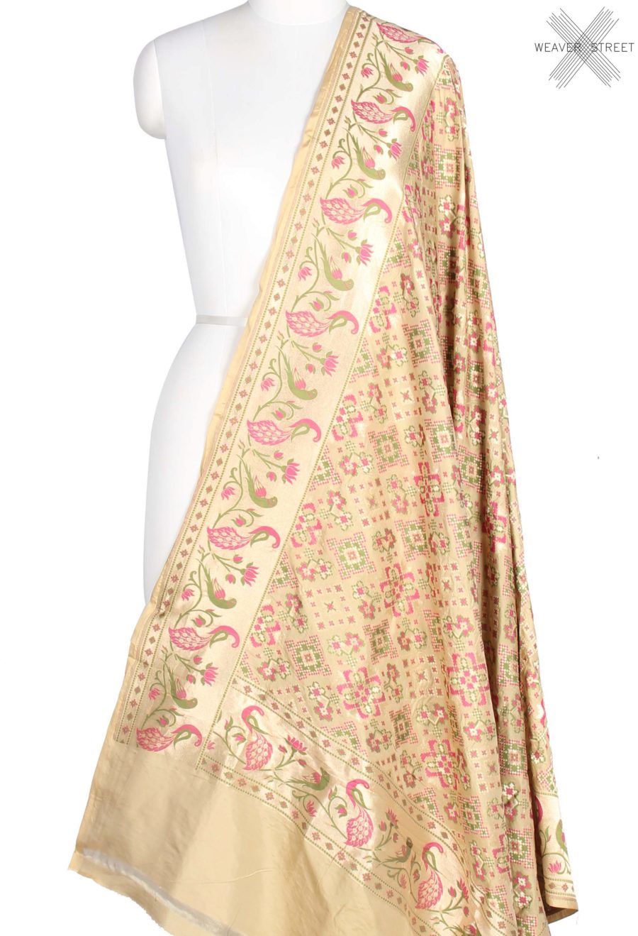 Beige Katan Silk Handwoven Banarasi Dupatta with paithani border (1) Main