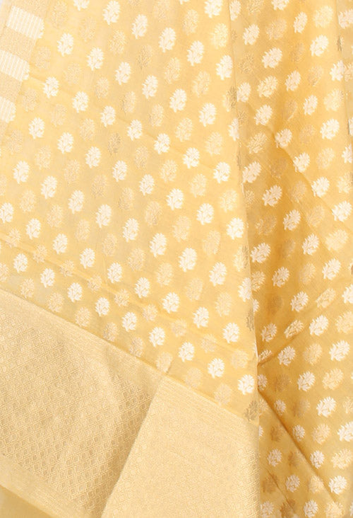 Beige Silk Cotton Banarasi dupatta with dual color flower motifs (2) closeup