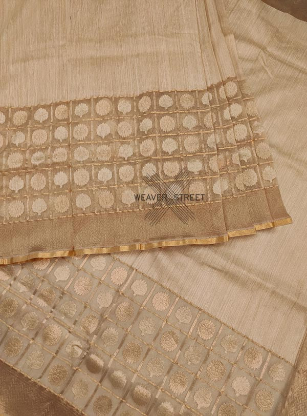 Beige dupion silk handwoven Banarasi saree with tissue skirt  (4) Center