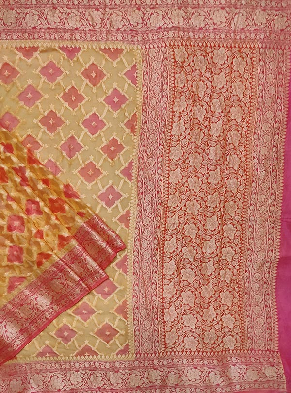 Beige multi color chiffon Banarasi saree with hand painted rangkaat work (1) main