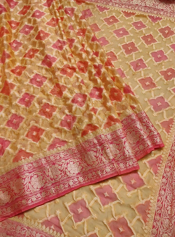 Beige multi color chiffon Banarasi saree with hand painted rangkaat work (3) center