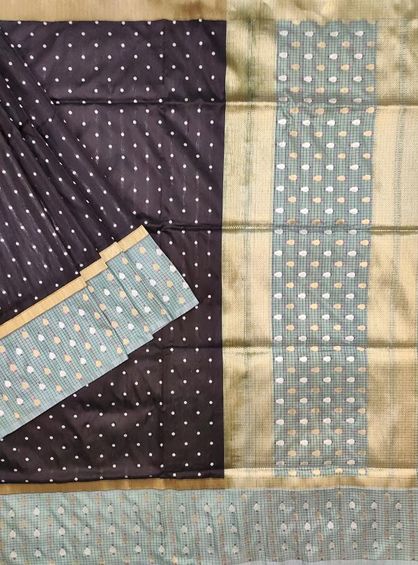 Black Katan silk handloom Banarasi saree with mini polka dots (1) MAIN