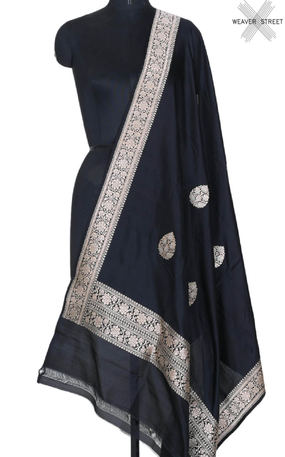 Black Katan silk handwoven Banarasi dupatta with leaf shape alfi buta (1) main
