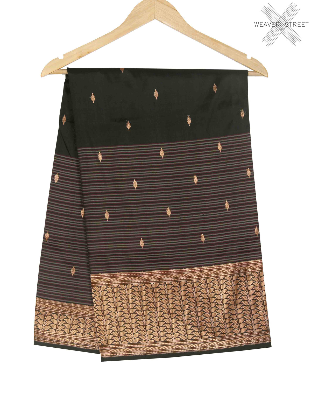 Black Katan Silk Handwoven Banarasi saree with mini leaf over striped pattern (1) main