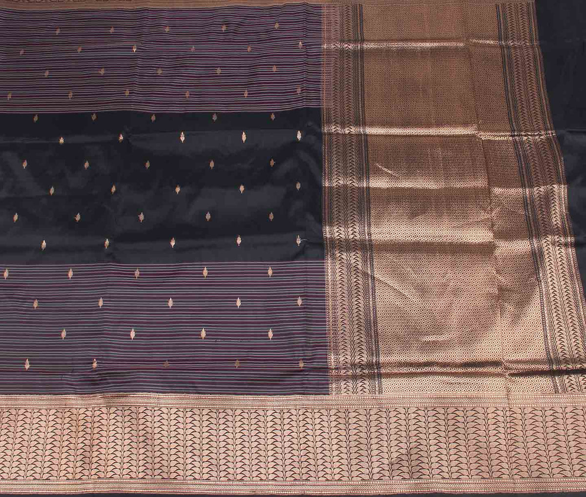 Black Katan Silk Handwoven Banarasi saree with mini leaf over striped pattern (2) flat