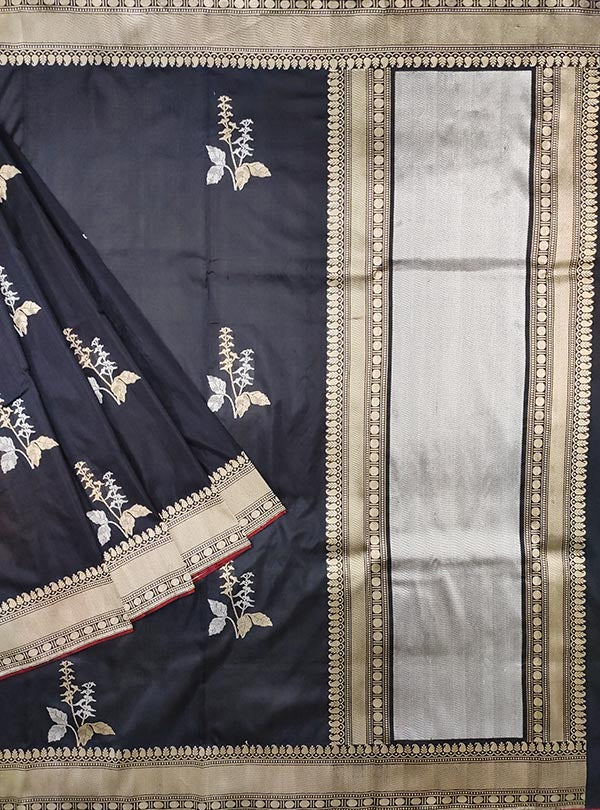 Black katan silk Banarasi saree with alfi tulsi plant boota (1) Main