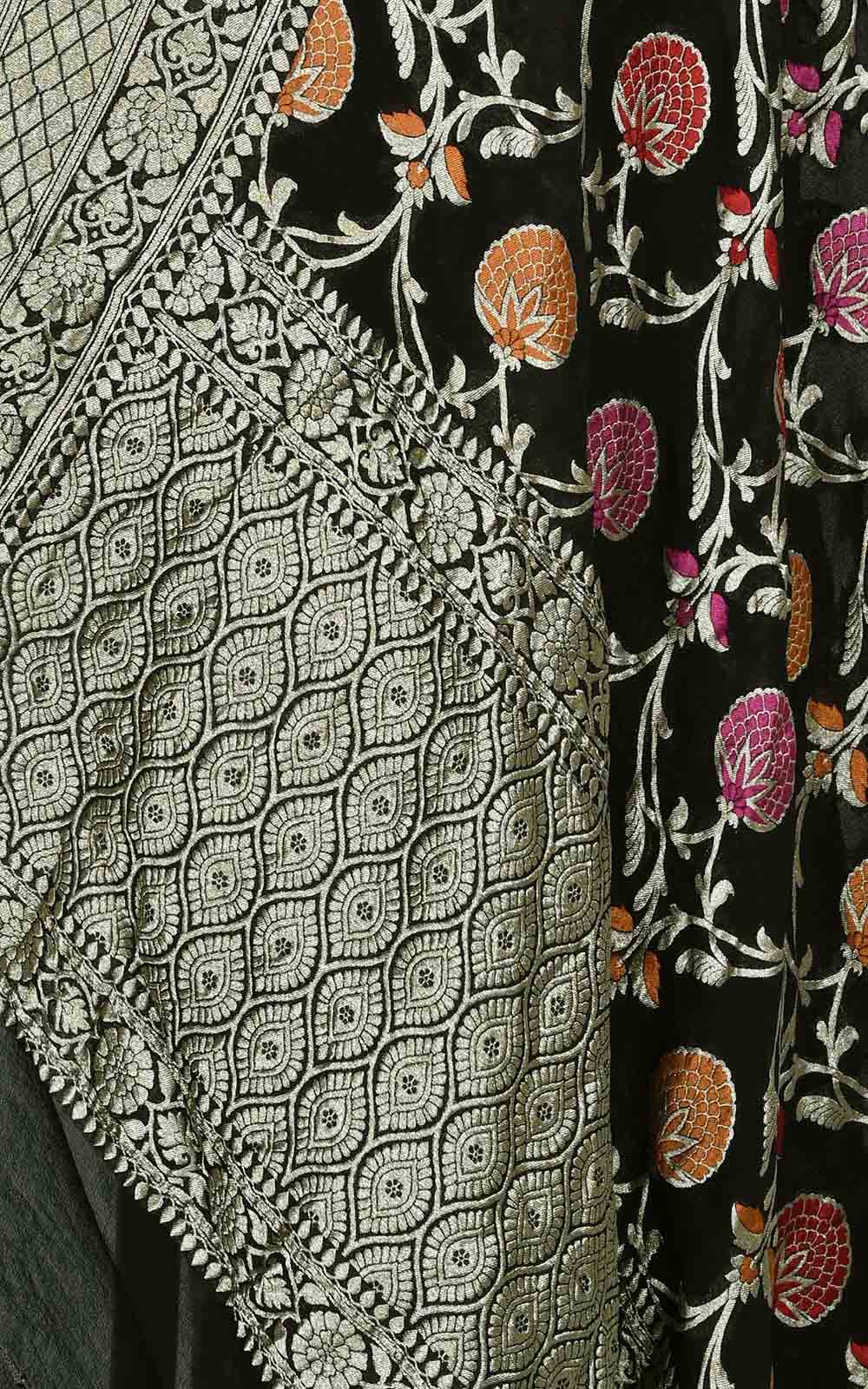 Black khaddi georgette Banarasi dupatta with meenedar floral jaal (2) Close up