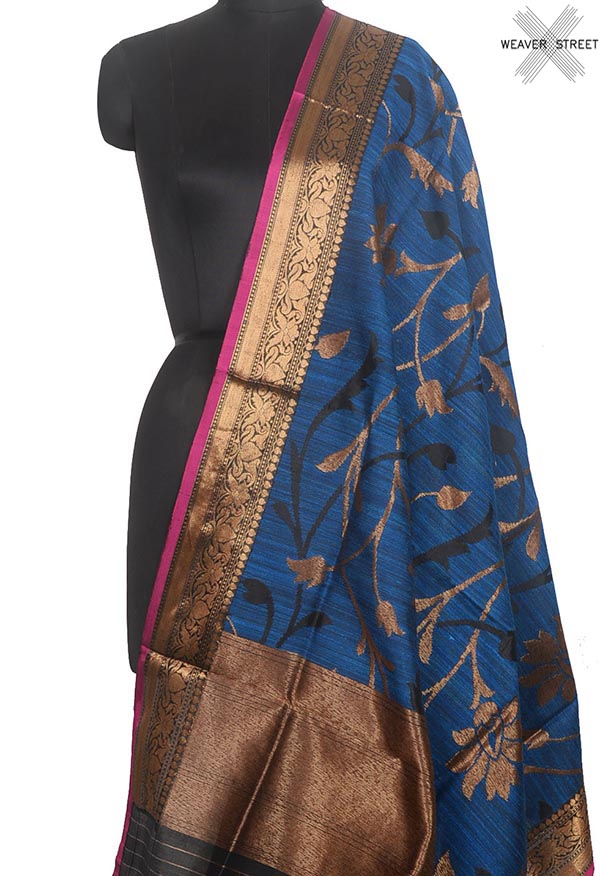 Blue Dupion silk handloom Banarasi dupatta with floral jaal (1) Main