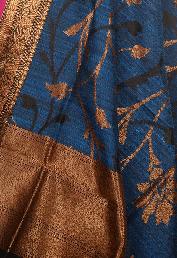 Blue Dupion silk handloom Banarasi dupatta with floral jaal (2) Close up