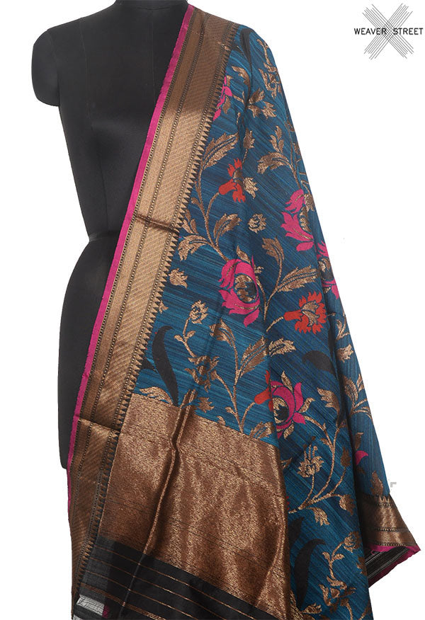 Blue Dupion silk handloom Banarasi dupatta with meenedar flower jaal (1) Main