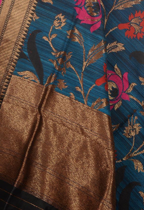 Blue Dupion silk handloom Banarasi dupatta with meenedar flower jaal (2) Close up