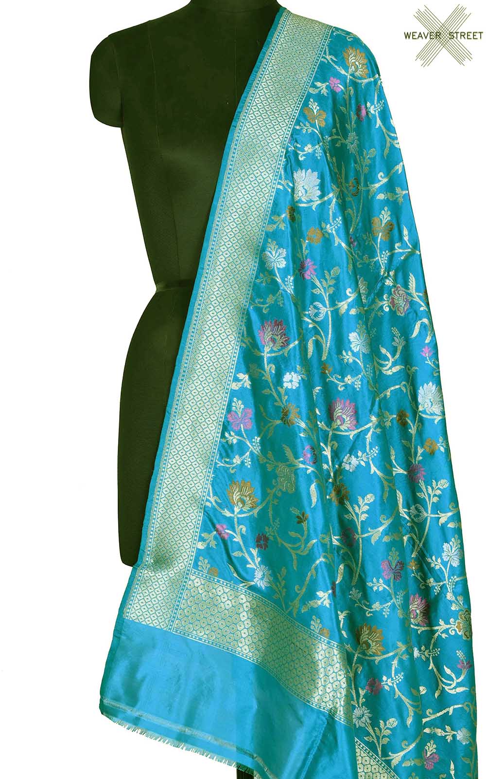 Blue Katan silk Banarasi dupatta with aesthetic meenedar floral jaal (1) Main
