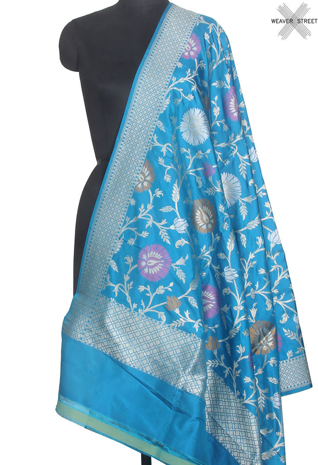Blue Katan silk Handwoven Banarasi dupatta with multi color floral jaal (1) Main