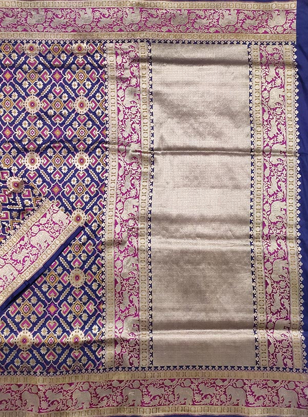 Blue Katan silk handloom Banarasi saree with patola jaal and shikarga border (1) main