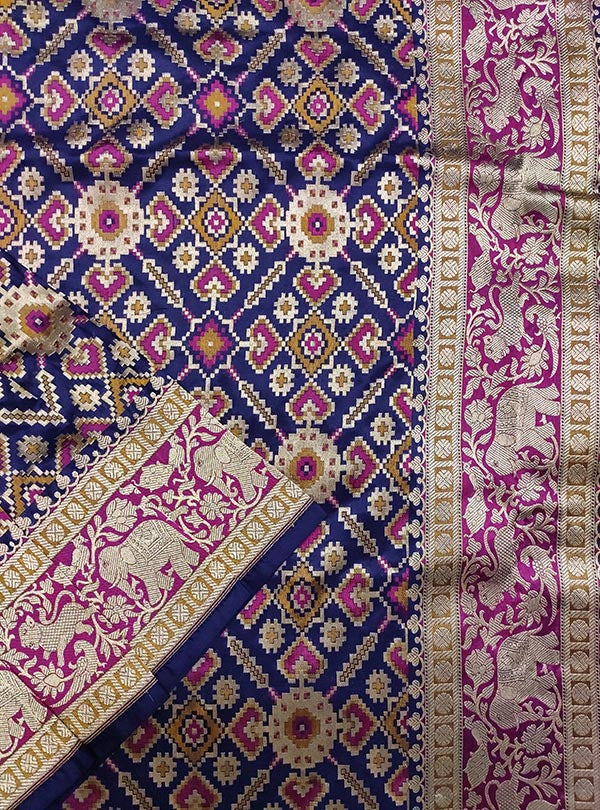 Blue Katan silk handloom Banarasi saree with patola jaal and shikarga border (2) close up