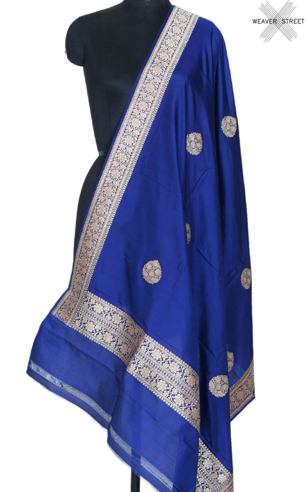 Blue Katan silk handwoven Banarasi dupatta with leaf shape alfi buta (1) main