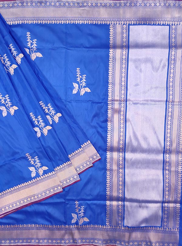 Blue katan silk Banarasi saree with alfi tulsi plant boota (1) main