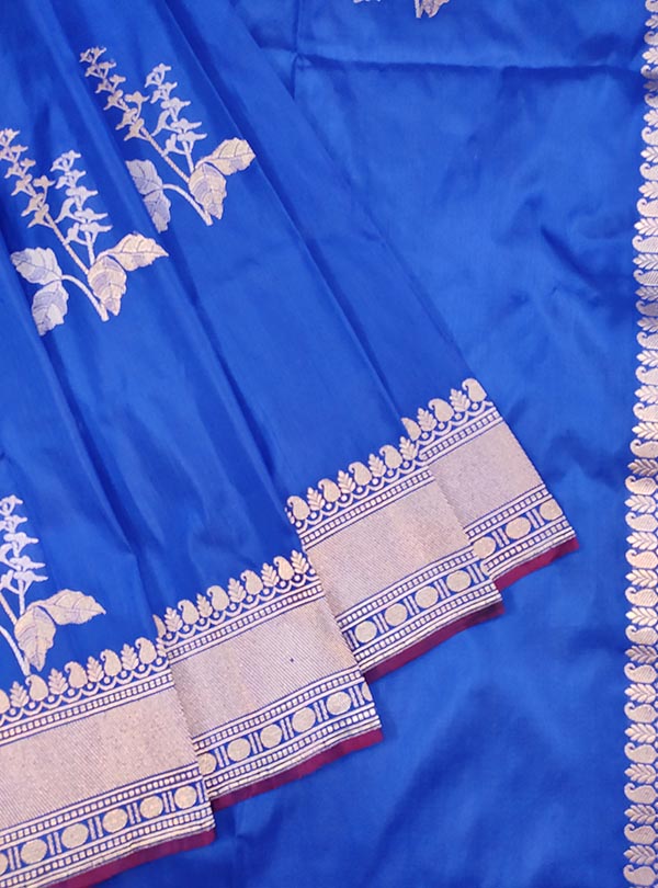 Blue katan silk Banarasi saree with alfi tulsi plant boota (2) close up