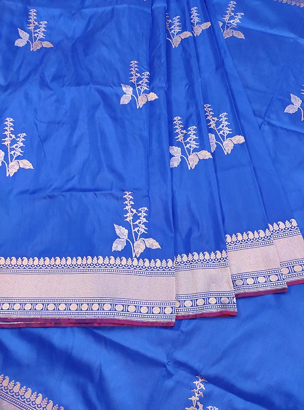 Blue katan silk Banarasi saree with alfi tulsi plant boota (3) center