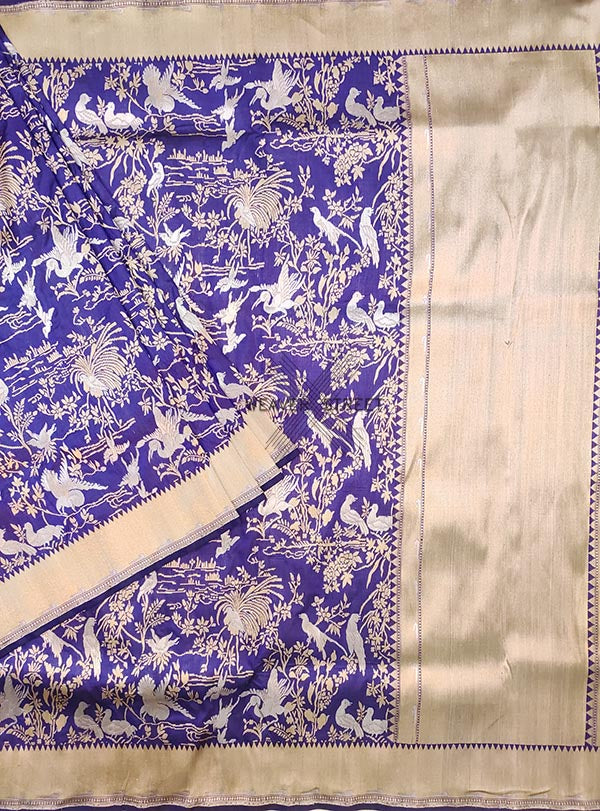 Blue katan silk handwoven Banarasi saree with parsi gara jaal (1) Main