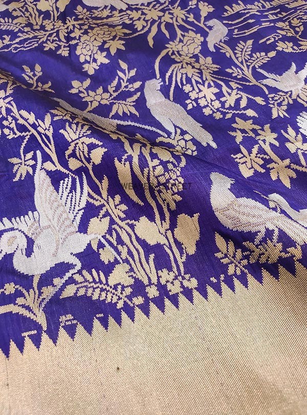 Blue katan silk handwoven Banarasi saree with parsi gara jaal (2) Zoom
