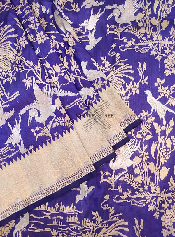 Blue katan silk handwoven Banarasi saree with parsi gara jaal (3) Close up