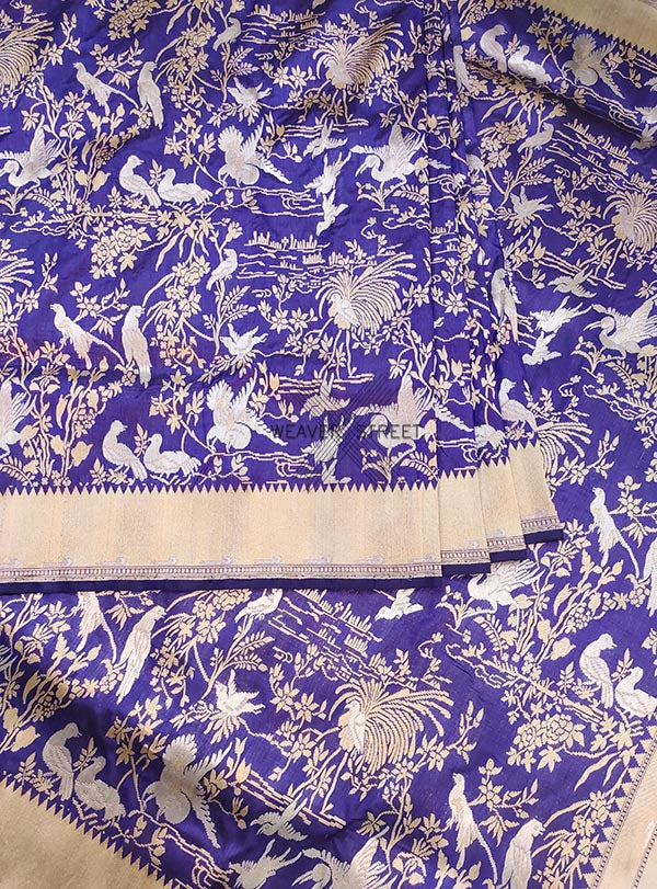 Blue katan silk handwoven Banarasi saree with parsi gara jaal (4) Center