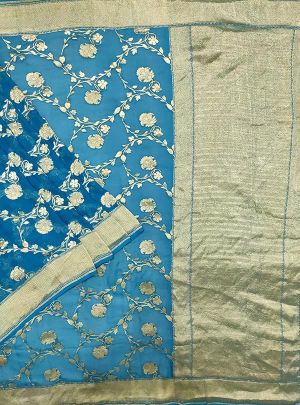 Blue khaddi georgette handloom Banarasi saree with flower jaal (1) main