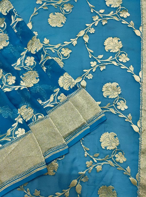 Blue khaddi georgette handloom Banarasi saree with flower jaal (2) close up
