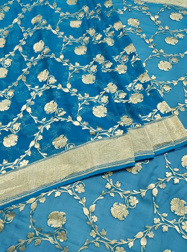 Blue khaddi georgette handloom Banarasi saree with flower jaal (3) center