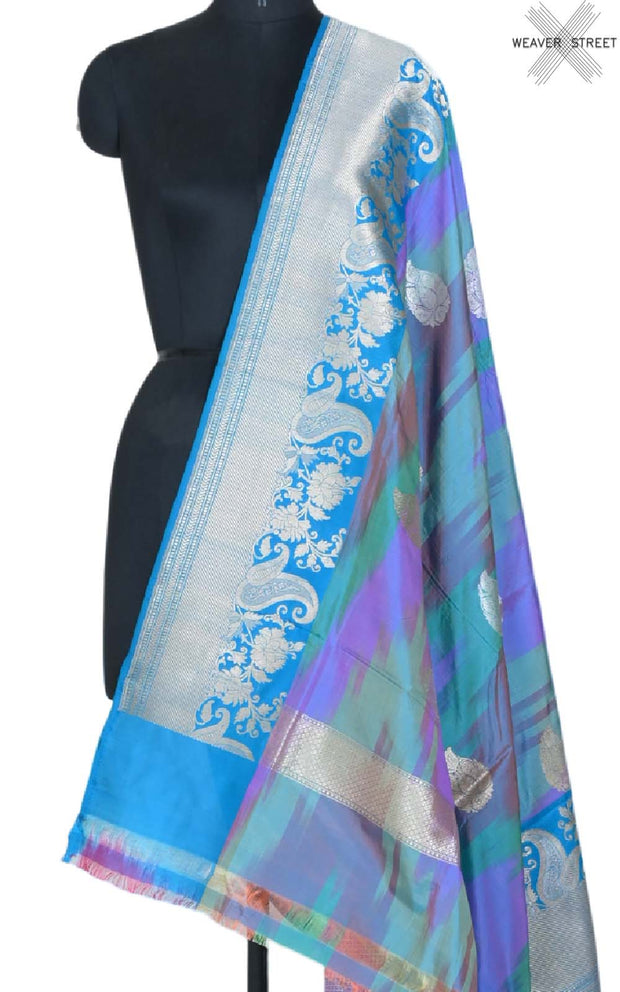 Blue rainbow Katan silk handwoven Banarasi dupatta with paisley buta (1) main