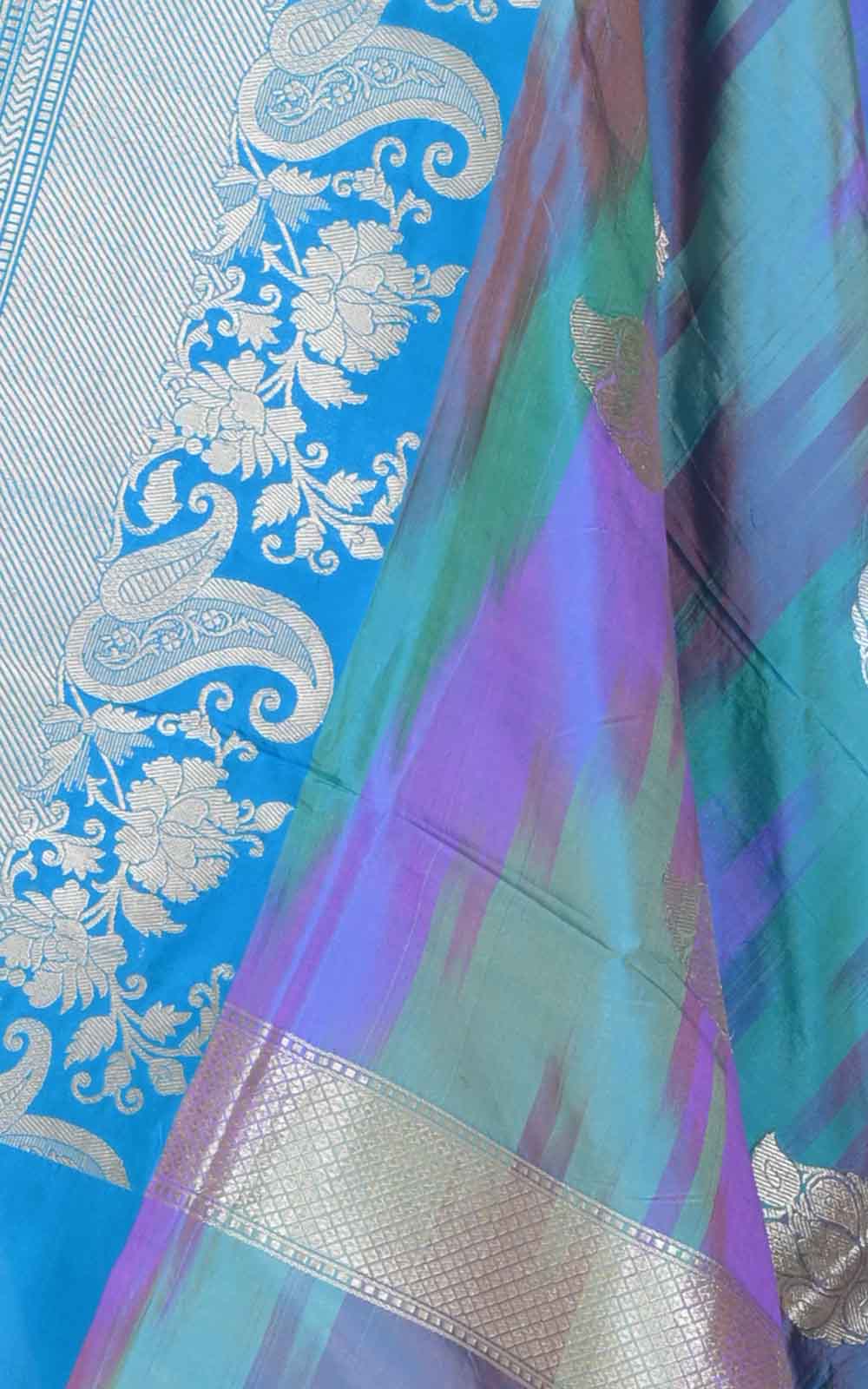 Blue rainbow Katan silk handwoven Banarasi dupatta with paisley buta (2) closeup
