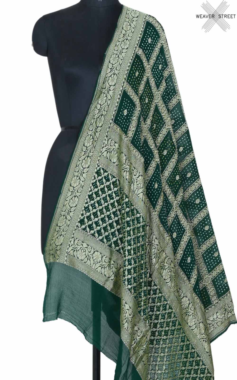 Bottle green Khaddi georgette Bandhani dupatta with square jaal (1) main