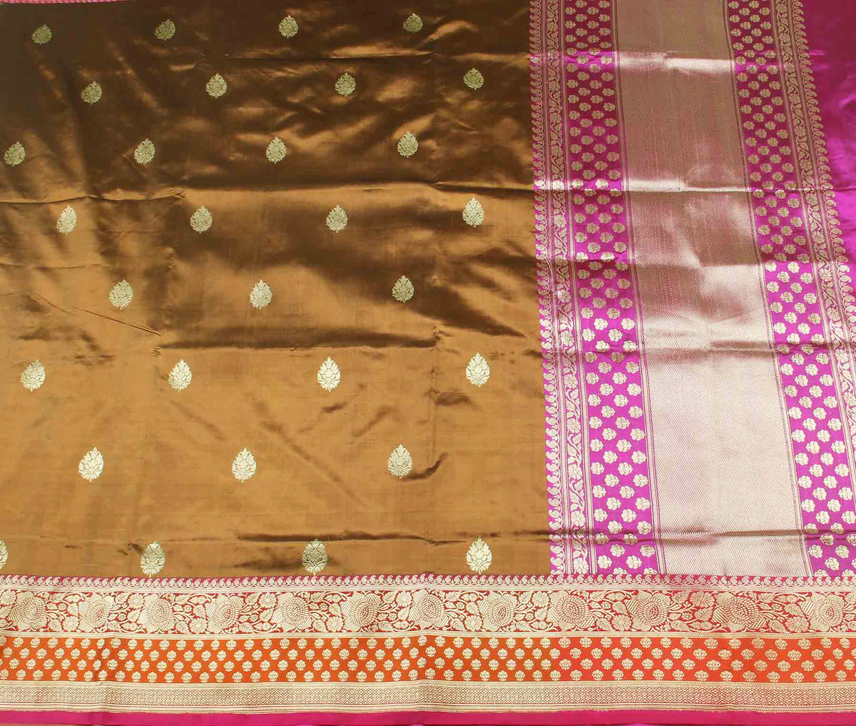 Brown Katan Silk Handwoven Banarasi saree with kaduwa floral boota (2) flat