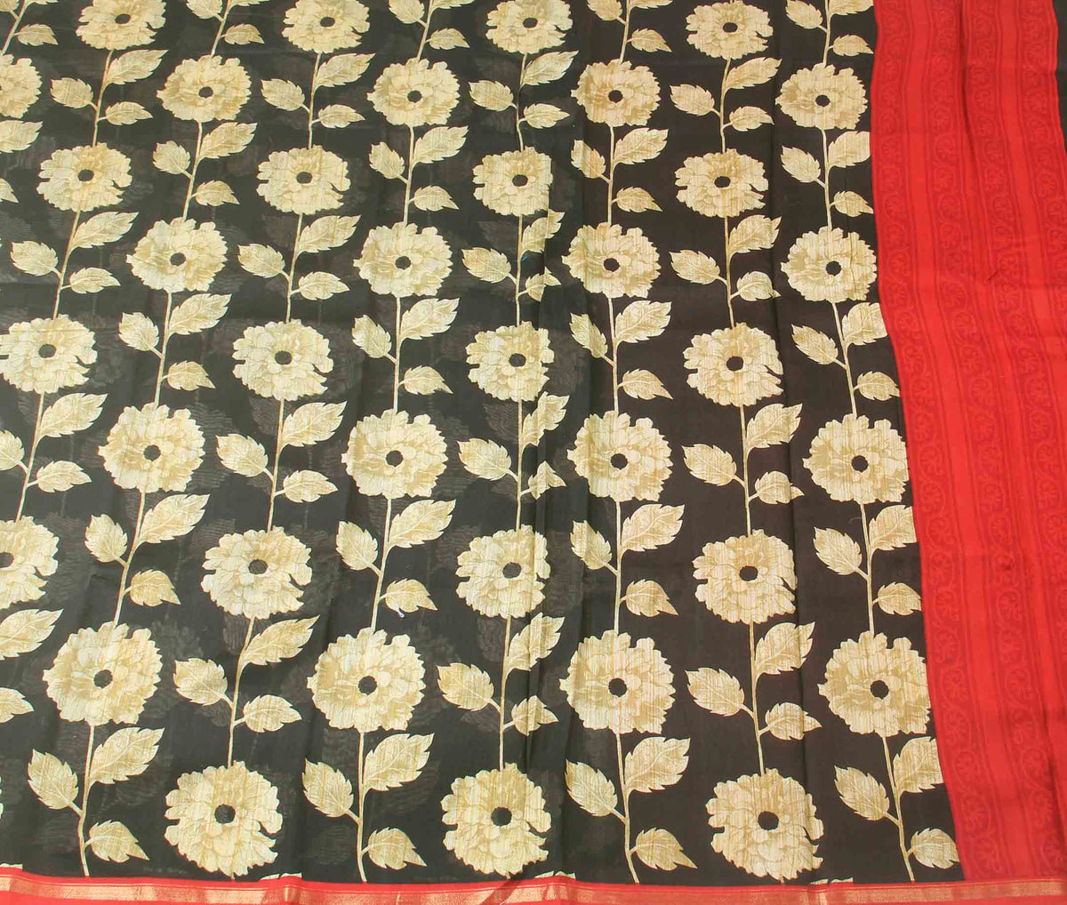 Charcoal floral printed silk cotton saree (2) Flat