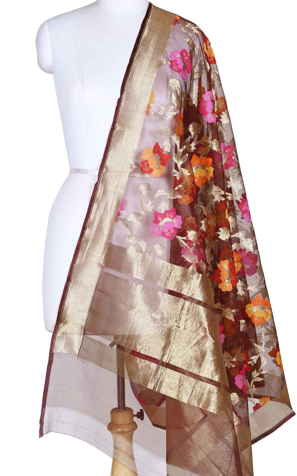 Cola kora silk Banarasi dupatta with multi color flower jaal (1) Main
