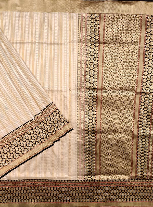 Cream Katan silk tanchoi Banarasi saree with dobby weave (1) main