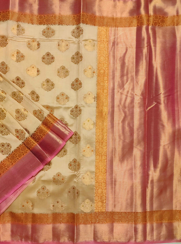 Cream muga chiniya silk Banarasi saree with handpainted meenedar flower booti (1) Main