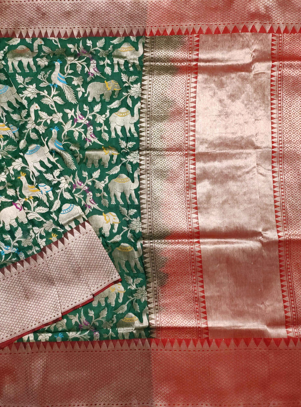 Dark Green Katan silk handloom Banarasi saree with meenedar shikarga jaal (1) Main