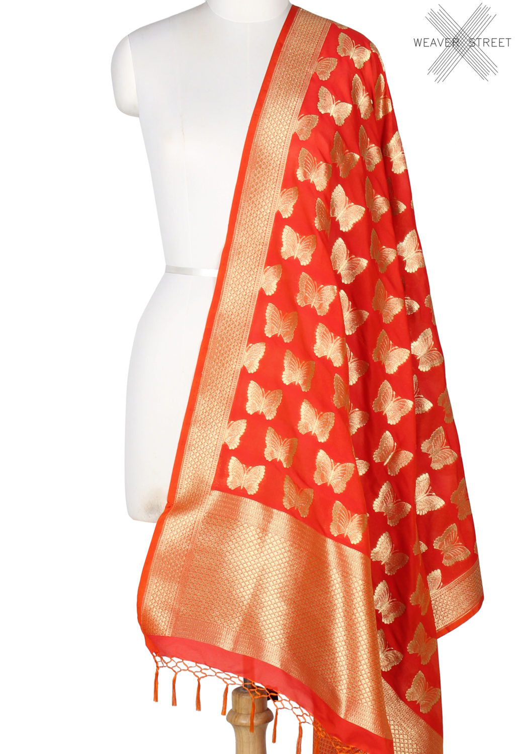 Dark orange art silk Banarasi dupatta with butterfly motifs (1) Main