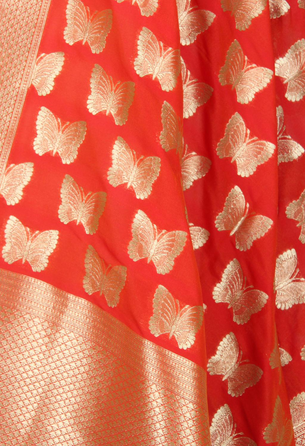 Dark orange art silk Banarasi dupatta with butterfly motifs (2) Close up