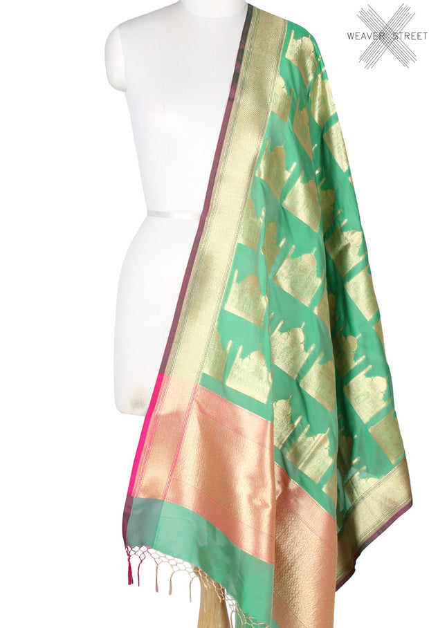 Fern Green art silk Banarasi dupatta with Taj mahal motifs (1) Main