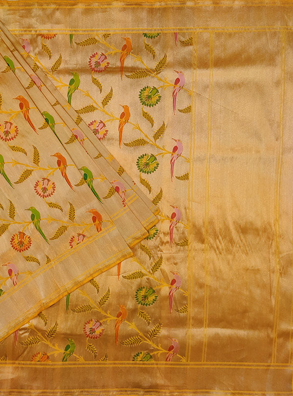 Gold Katan silk Kimkhab Banarasi saree with multicolor bird jaal (1) main