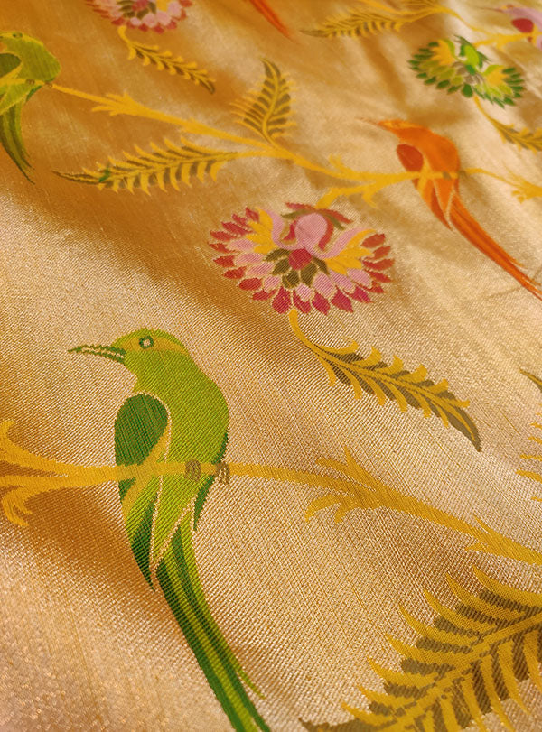 Gold Katan silk Kimkhab Banarasi saree with multicolor bird jaal (2) zoom